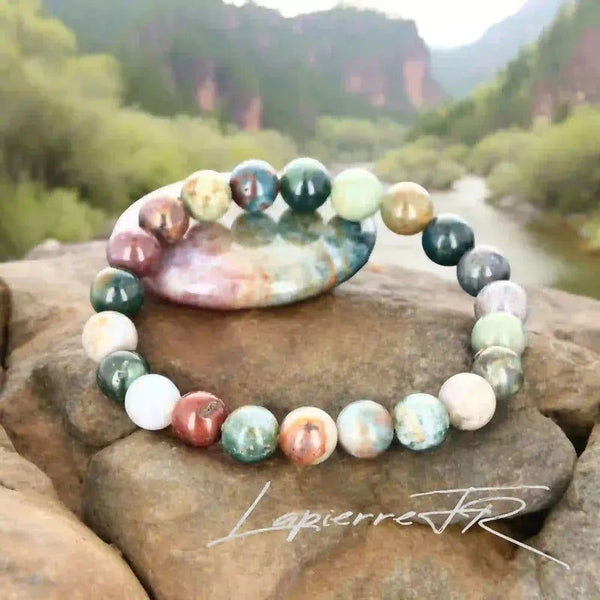 Bracelet pierre naturelle véritable Agate Indienne aux couleurs terreuses variées (vert/rose/brun), perles rondes pour lithothérapie, équilibre et sérénité.