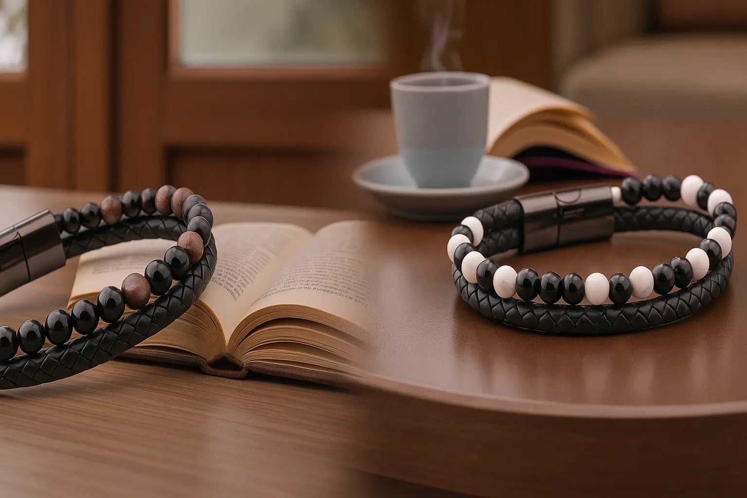 Bannière naturelle mettant en valeur des bracelets pour homme en cuir véritable et pierres naturelles comme l’onyx noir, l’œil de tigre et la howlite blanche, posés sur fond bois avec lumière douce — La Pierre FR.