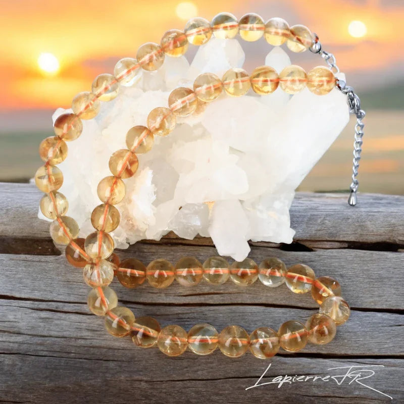Bijou en Citrine naturelle, collier pour femme en perles rondes lumineuses, pierre d’optimisme et d’abondance en lithothérapie.