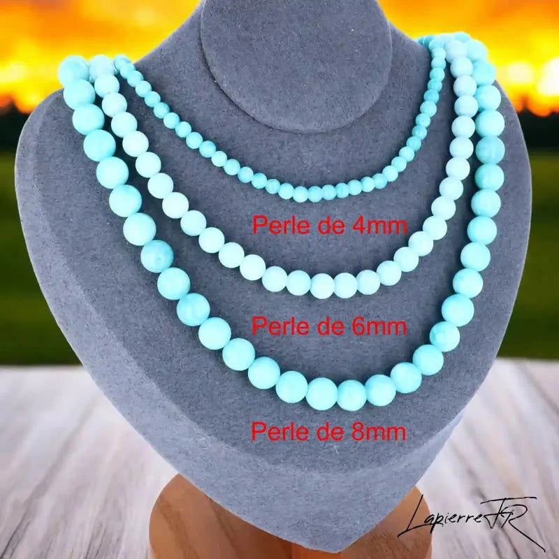 Collier Amazonite, bijou femme en pierre naturelle, perles rondes bleu-vert apaisantes, favorisant la sérénité, la tendresse et l’expression sincère.