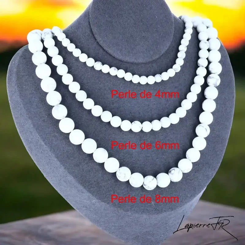 Collier Howlite Blanche, bijou femme en pierre naturelle, perles rondes blanches véritables, favorisant la sérénité, la patience et la détente.