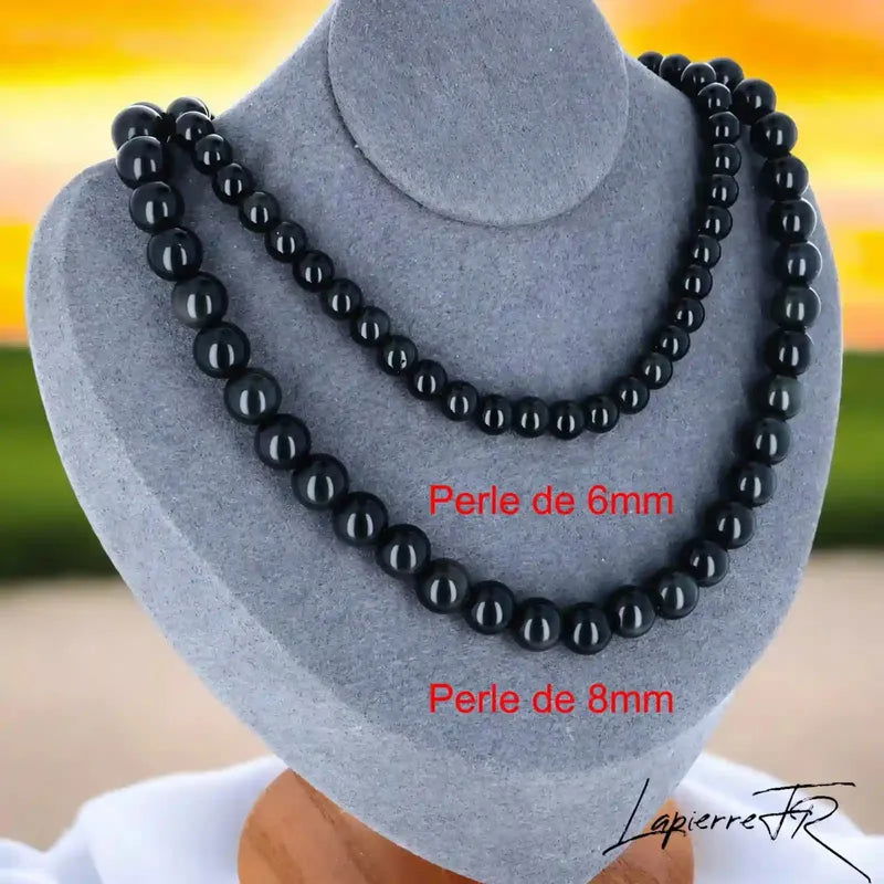 Collier Obsidienne Œil Céleste, bijou femme en pierre naturelle, perles rondes noires lumineuses, favorisant la protection énergétique et la clarté spirituelle.