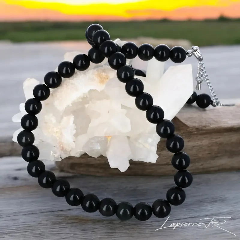 Bijou en Obsidienne Œil Céleste naturelle, collier pour femme en perles rondes, pierre puissante d’introspection et d’ancrage en lithothérapie.