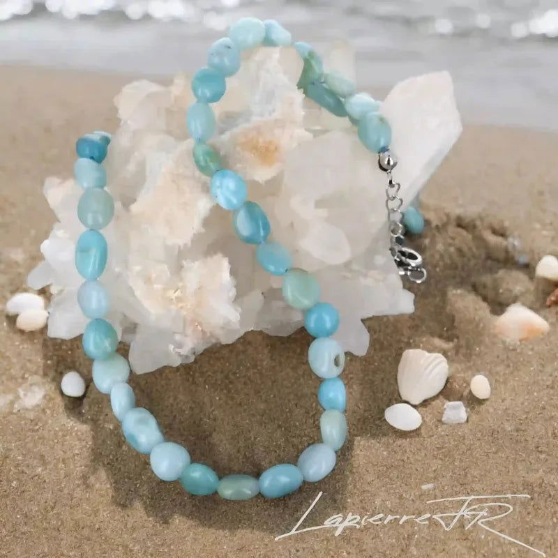 Collier Pierre Naturelle Femme en Amazonite, Pierres Roulées en Ras de Cou