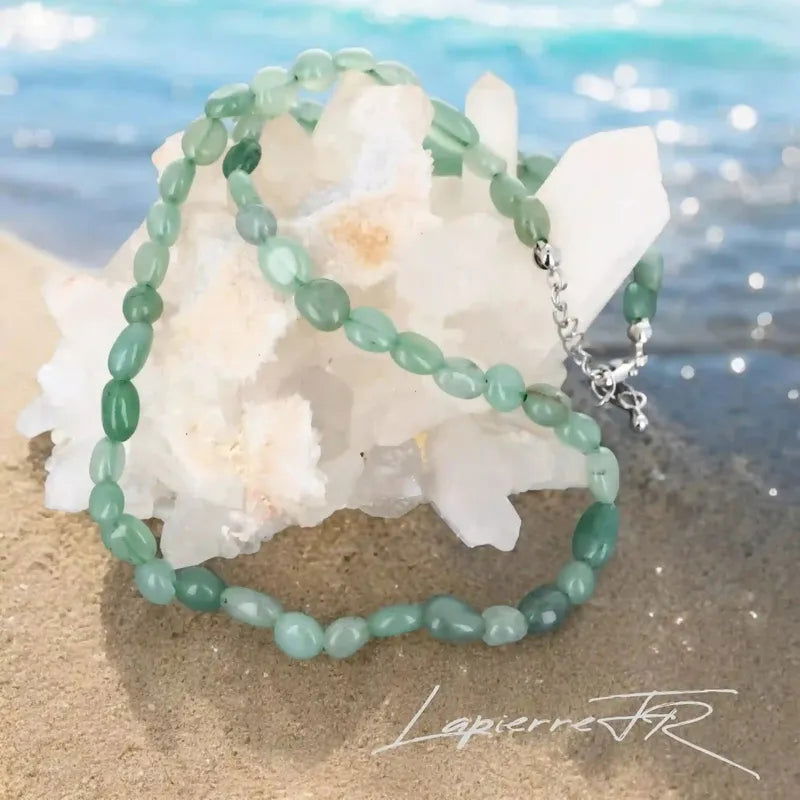 Collier Pierre Naturelle en Aventurine Verte, Ras de Cou Pierres Roulées