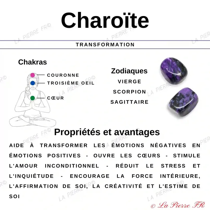 Collier en pierres roulées de Charoïte porté, pierre naturelle violette marbrée pour femme et homme