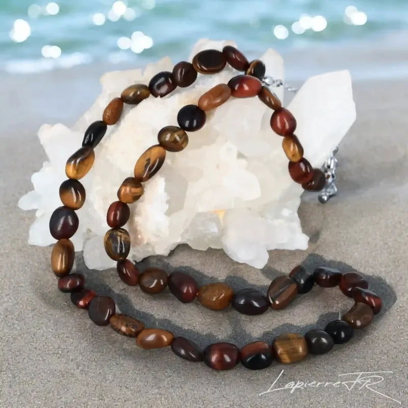 Collier pierres roulées Œil de Tigre Multi naturel – Triple Protection & Force