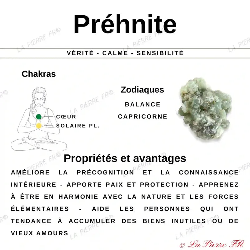 Vertus et propriétés de la Préhnite en lithothérapie — pierre naturelle associée à la sérénité, à la confiance en soi et à la clarté émotionnelle.