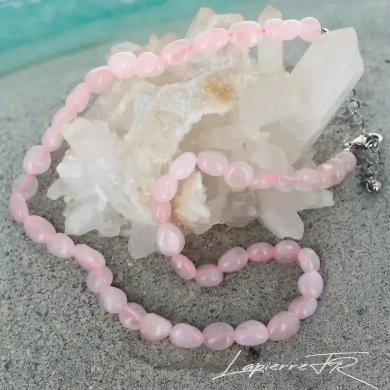Collier Pierres Roulées en Quartz Rose, Ras de Cou