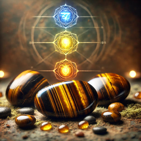 Pierres d'Œil de Tigre alignées avec les symboles des chakras Racine, Sacré et Plexus Solaire