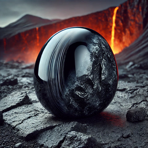 Obsidienne Noire polie avec une surface vitreuse sur un fond volcanique