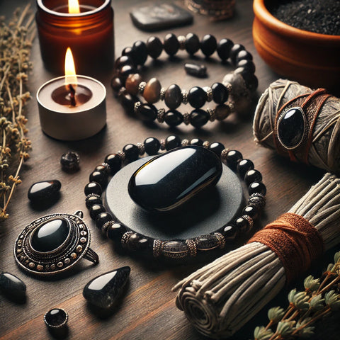 Obsidienne Noire utilisée dans un rituel de purification avec de la sauge et des bougies