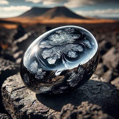 Obsidienne Argentée brute montrant ses reflets métalliques sur un fond volcanique