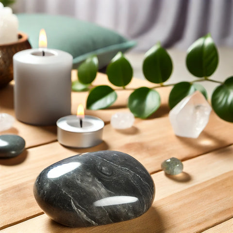 Obsidienne Argentée polie dans un cadre de méditation avec des bougies
