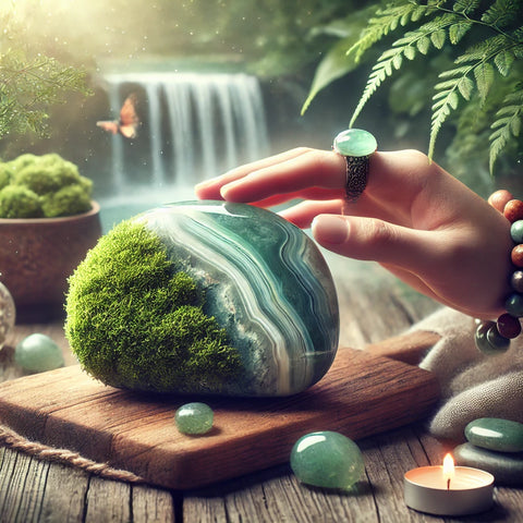 Bracelet et pendentif en Agate Mousse utilisés pour la lithothérapie et le bien-être