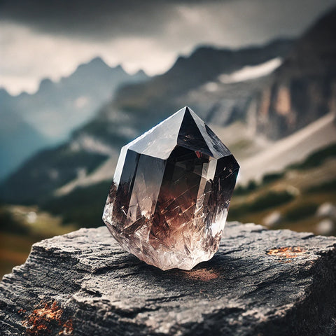 Cristal de Quartz Fumé brut sur une formation rocheuse, montrant ses nuances brunes