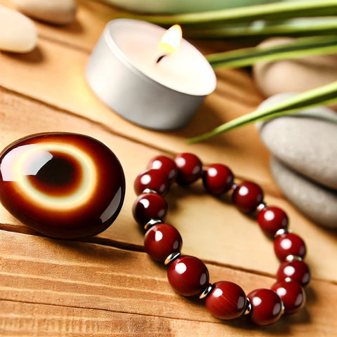 Bracelet et pierre roulée en Œil de Taureau utilisés pour la force et le courage