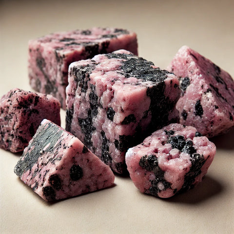 Pierres de Rhodonite brutes montrant leur couleur rose caractéristique veinée de noir