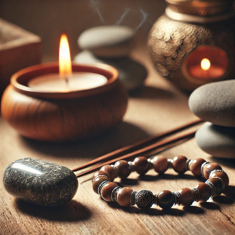 Bracelet et pierre roulée en Gabbro (Merlinite Mystique) utilisés pour la méditation