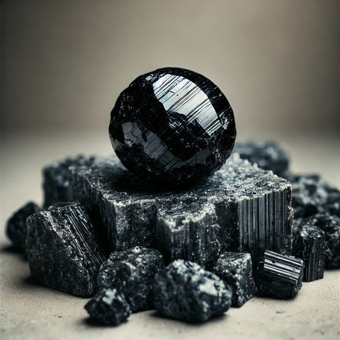 Tourmaline Noire brute non taillée sur un lit de roche granitique