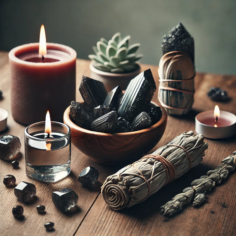Cristaux de Tourmaline Noire utilisés dans un rituel de purification avec de la sauge