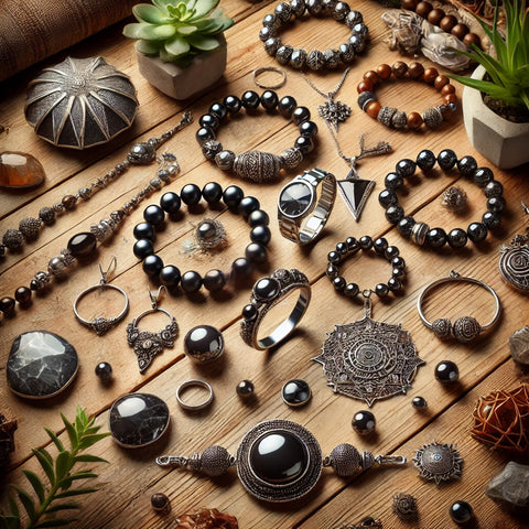 Assortiment de bijoux en Hématite, incluant des bracelets et pendentifs, sur un fond en bois