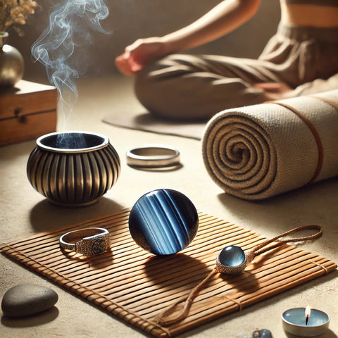 Bracelet et pierres roulées en Œil de Faucon utilisés pour la méditation et le bien-être