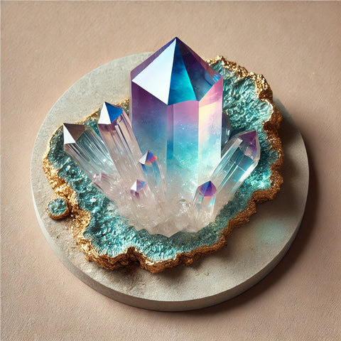 Cristal de Quartz Aqua Aura montrant ses reflets iridescents bleus et dorés