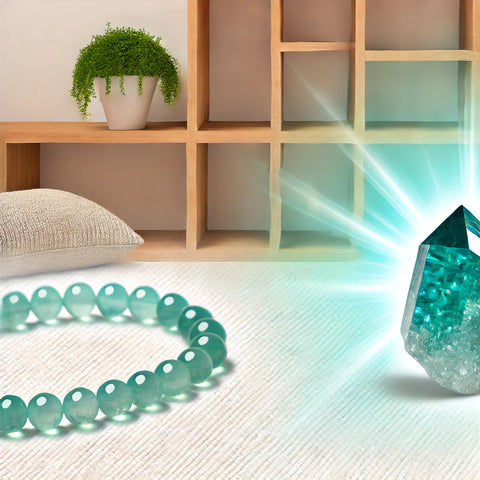 Différentes utilisations de l'Aqua Aura, incluant un bracelet de perles et une pointe de cristal pour la méditation