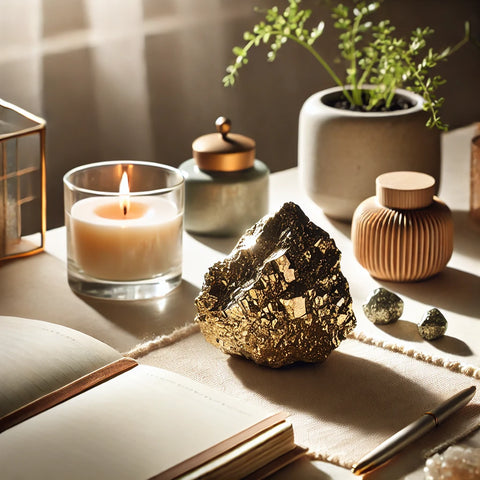 Cube de Pyrite naturelle posé sur un bureau pour favoriser la concentration