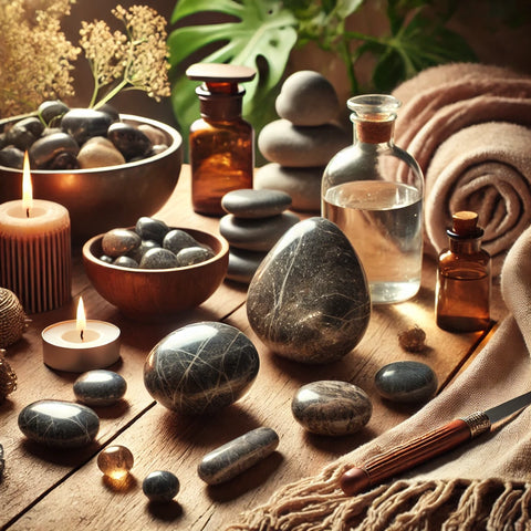 Pierres d'Hypersthène polies utilisées dans un cadre de méditation avec des bougies