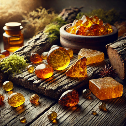 Morceaux d'Ambre naturel de la Baltique sur une surface en bois