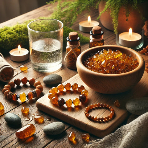 Bijoux en Ambre, comme des bracelets et des colliers, disposés pour une séance de lithothérapie