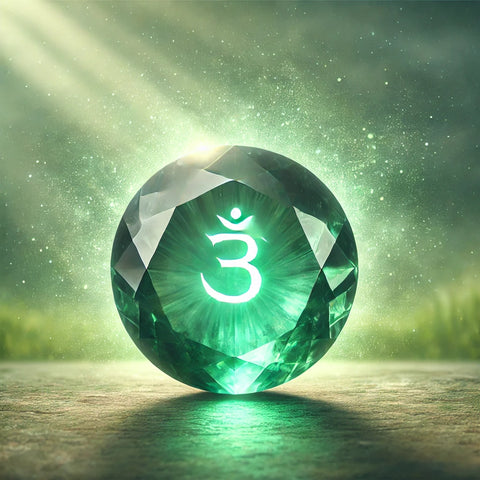 Émeraude polie rayonnant une douce lumière verte, symbole du chakra du coeur