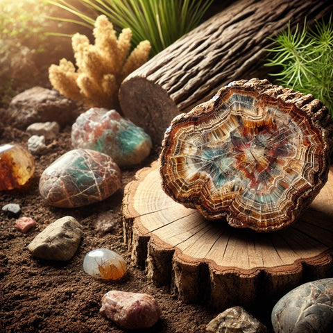 Un morceau de bois fossilisé sur une roche naturelle