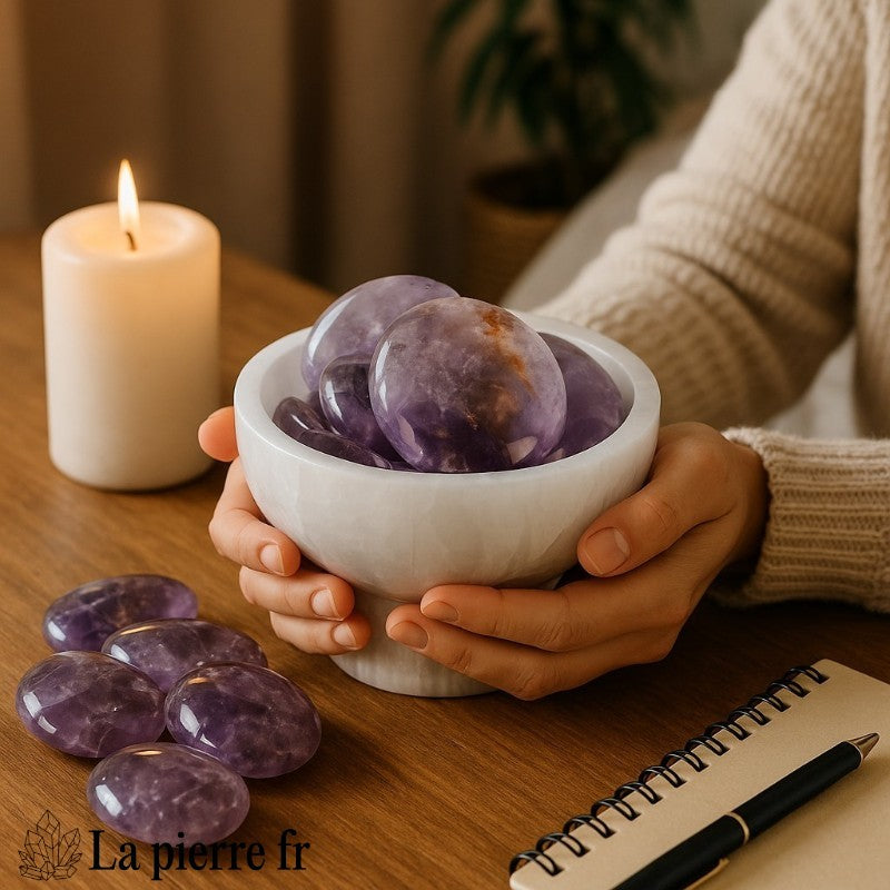 Galet plat d'Amétrine en main, pierre naturelle violette et jaune pour lithothérapie