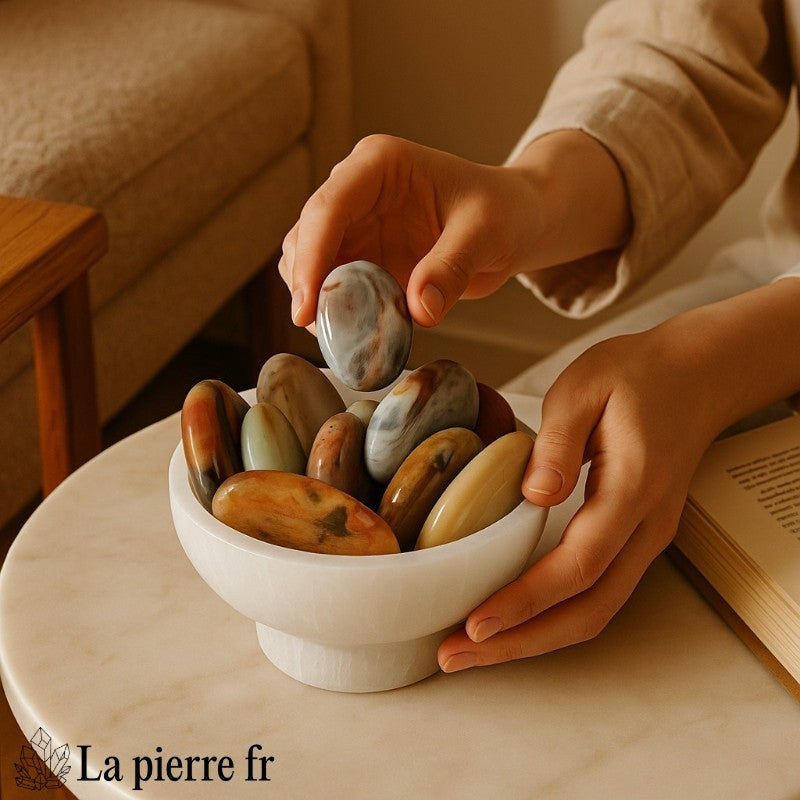 Galet plat d'Amazonite en main, pierre naturelle vert-bleu pour lithothérapie