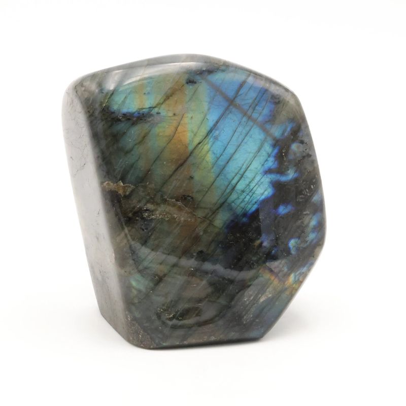 Bloc de Labradorite de Madagascar de 1,034 kg, pierre naturelle aux reflets bleus chatoyants