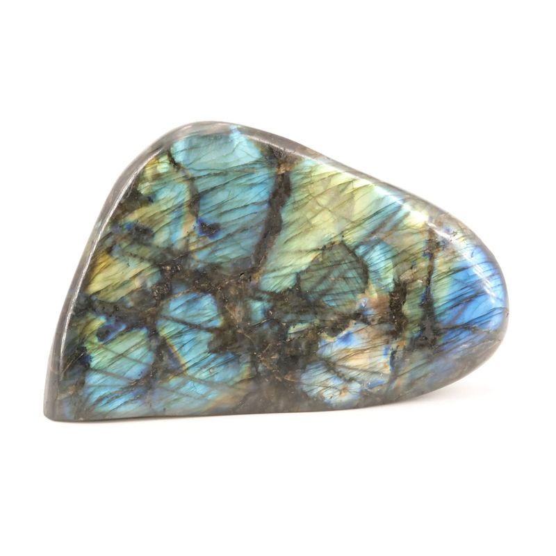 Détail des reflets labradorescents de la Labradorite de Madagascar, minéral naturel poli