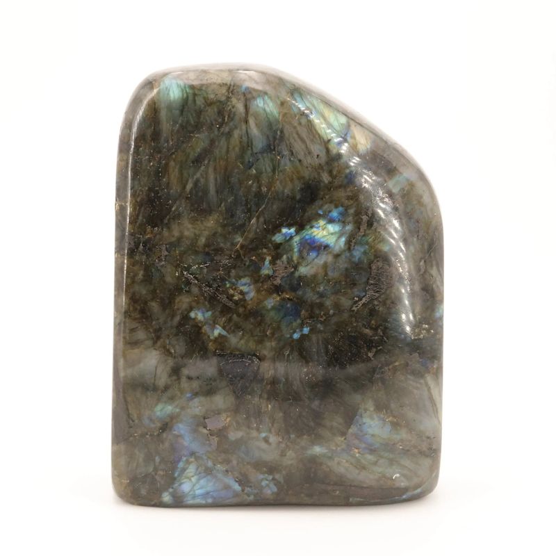 Bloc de Labradorite de Madagascar de 3,638 kg, grande pierre naturelle aux reflets bleu-vert chatoyants