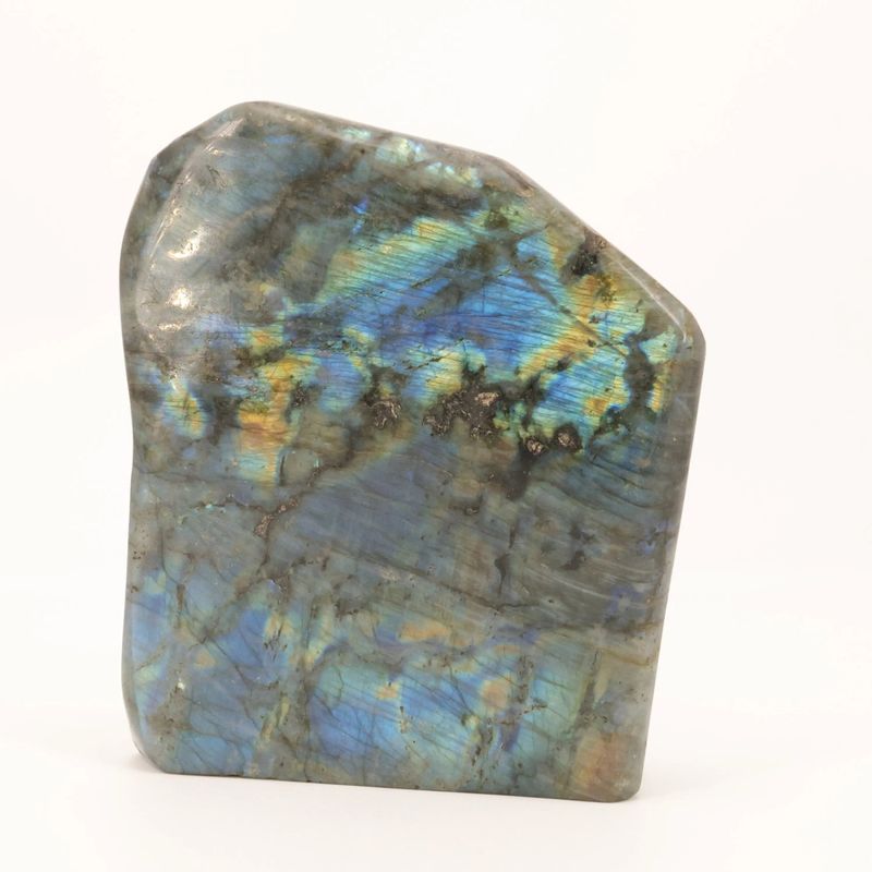 Bloc exceptionnel de Labradorite de Madagascar de 4,418 kg, pierre naturelle aux reflets bleu-vert chatoyants
