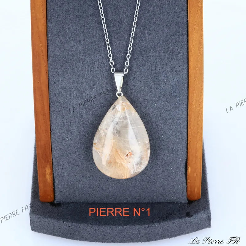 Pendentif goutte en Quartz Rutile naturel du Brésil, inclusions dorées de rutile, bijou de lithothérapie