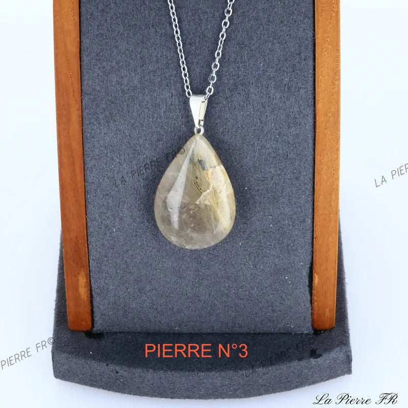 Pendentif Quartz Rutile en forme de goutte, fines inclusions dorées, pierre naturelle de clarté