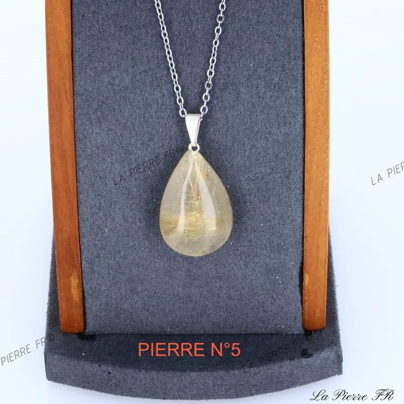 Pendentif en Quartz Rutile naturel sur chaîne, pierre transparente aux filaments dorés