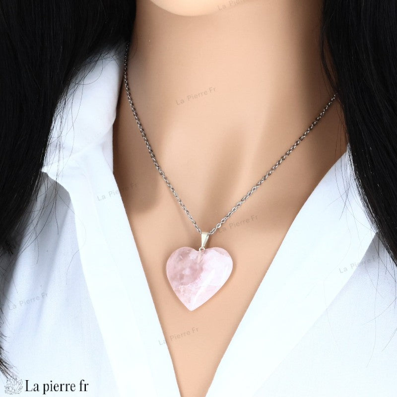Pendentif cœur en Quartz Rose naturel, bijou en pierre naturelle symbole d'amour