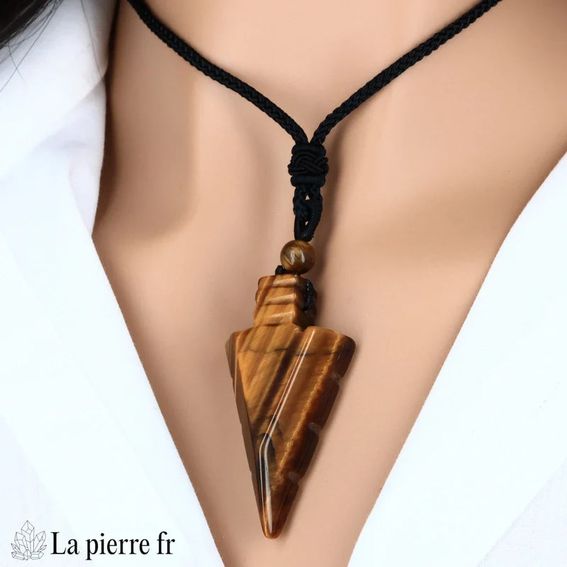 Collier-Pendentif Œil de Tigre en Pointe de Flèche | La Pierre Fr