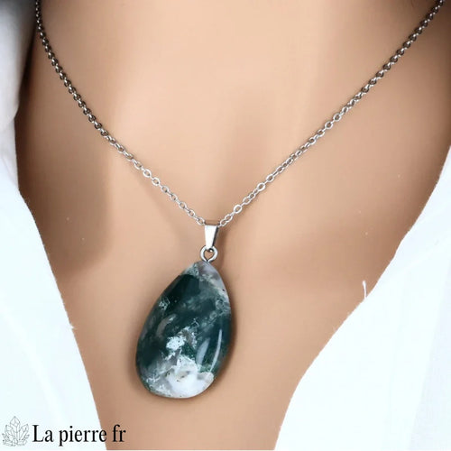 Pendentif Agate Mousse Naturelle Forme Goutte