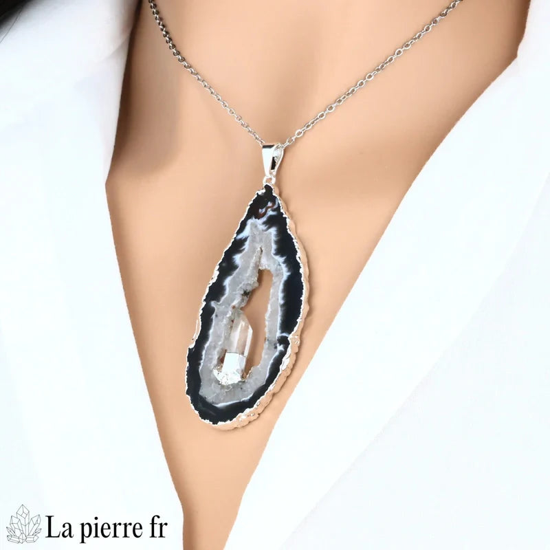 Pendentif Tranche de Géode et Cristal de Roche - Amplification Énergétique