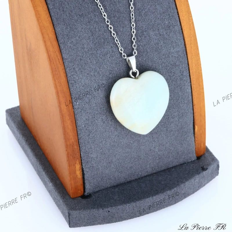 Pendentif cœur en Amazonite de Madagascar, bijou de lithothérapie vert-bleu apaisant