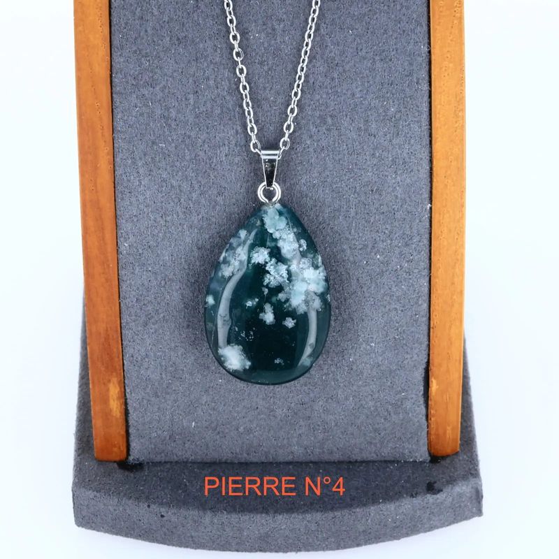 Pendentif goutte en Agate Mousse, pierre naturelle aux motifs végétaux pour collier de lithothérapie